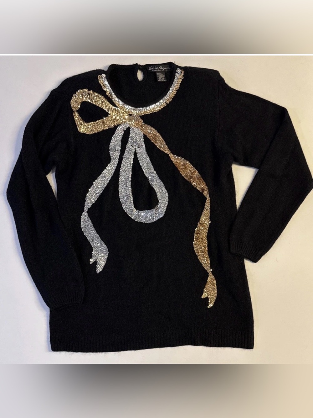 Vtg Work In Progress Sweater Womens M Black Sequin Bow Silk Angora 90s Holiday